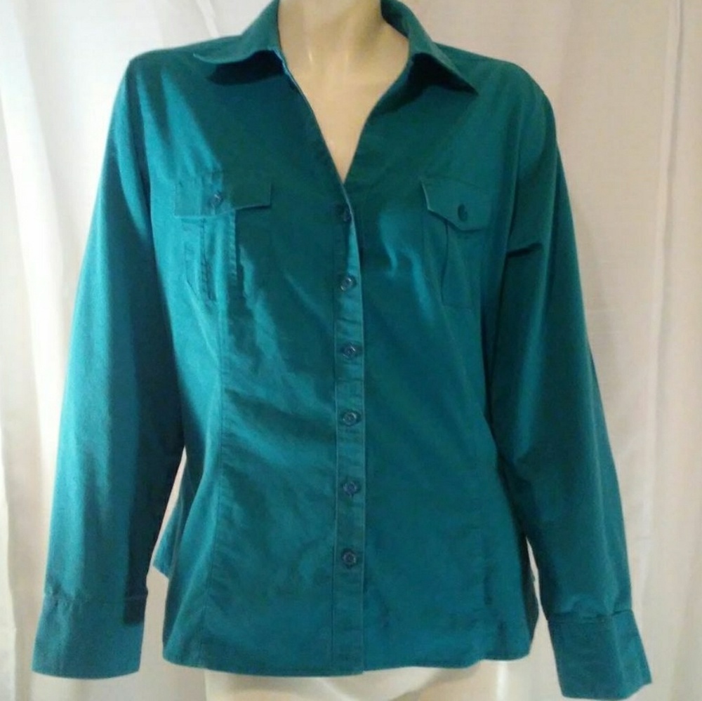 A teal button up blouse